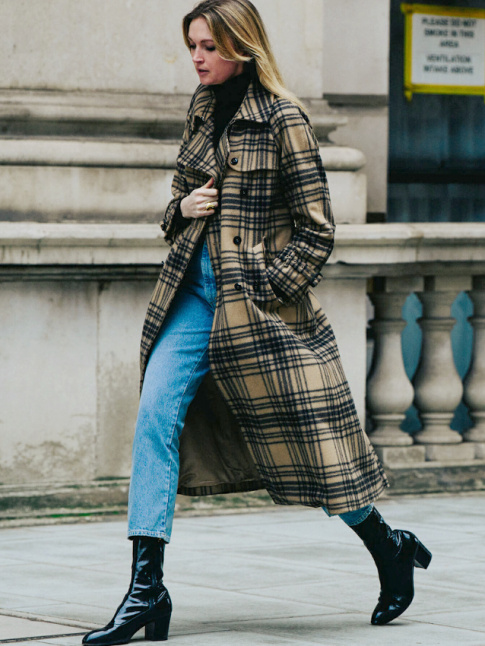 Trench d'hiver  carreaux + jean dlav 7/8 + bottines noires vernies = le bon mix