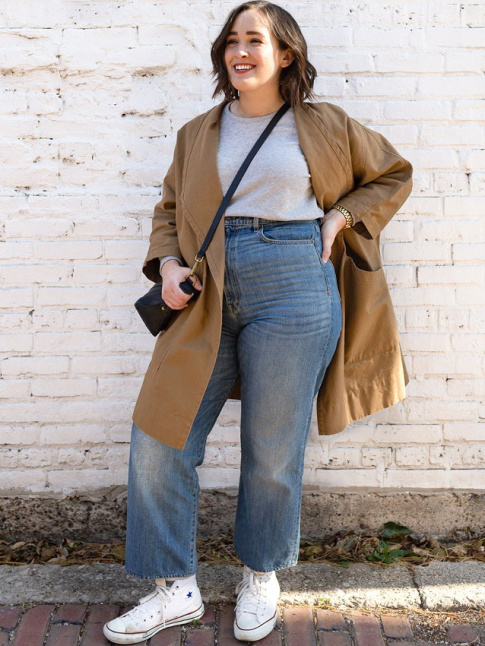 Veste 3/4 camel + jean large 7/8 + baskets blanches = le bon mix