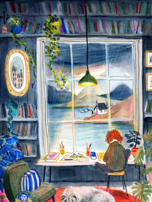 Vue sur un lac mystrieux + pinceaux en tous genres + intrieur cosy = le bon mix