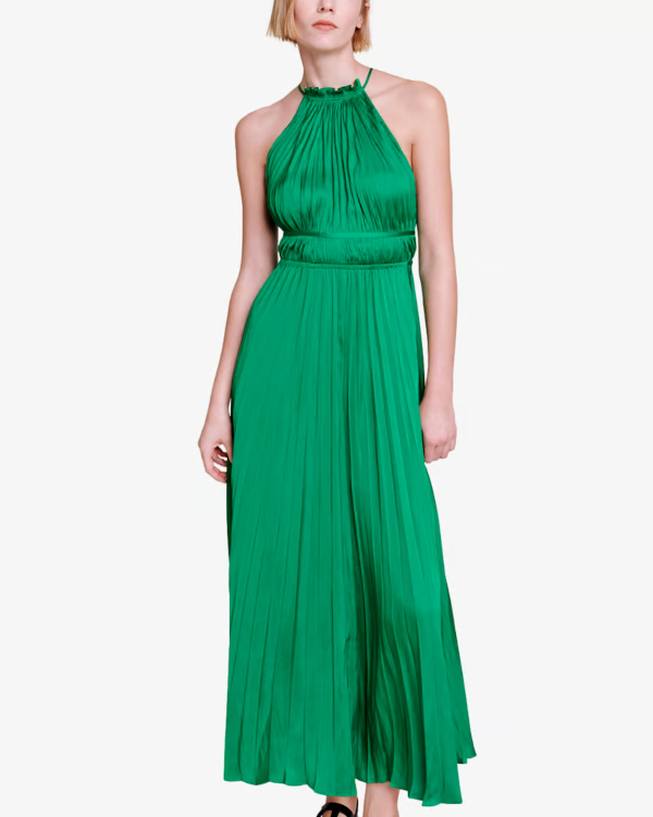 Robe longue fluide plisse sans manches dos nu vert