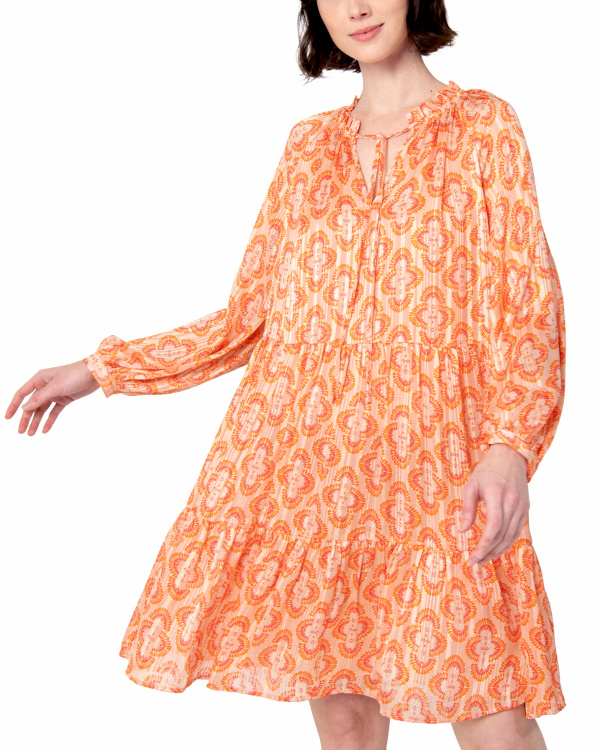 Robe femme  motifs et fines rayures pailletes imprime orange