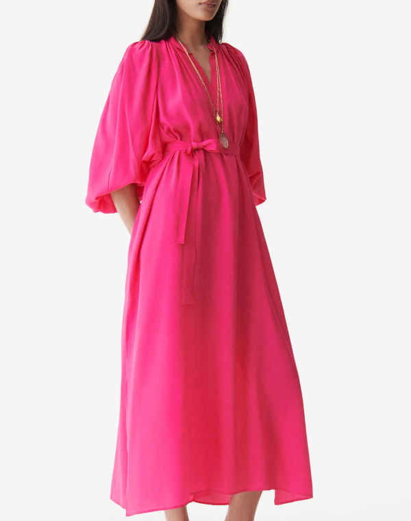 Robe longue col V en soie | Rose