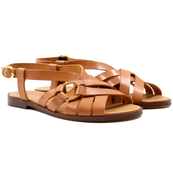 Sandales plates anneau cuir cognac