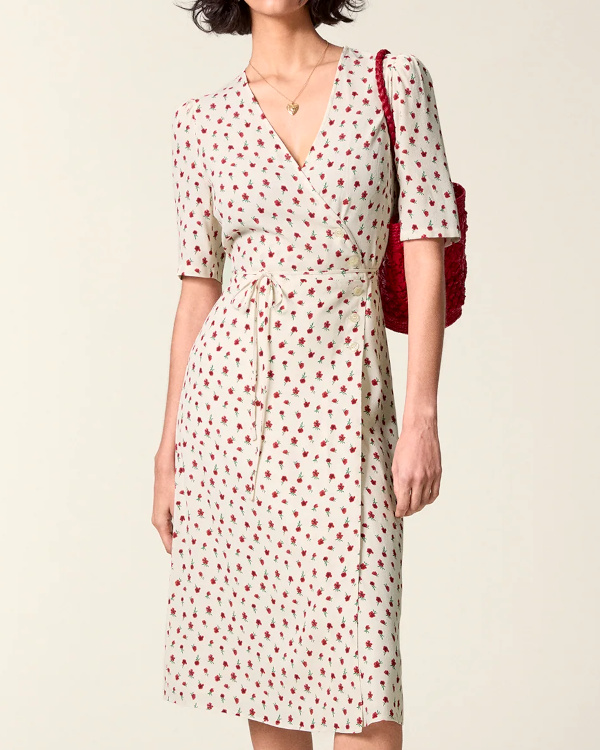 ROBE PORTEFEUILLE MIDI IMPRIMÉ FLEURI ÉCRU