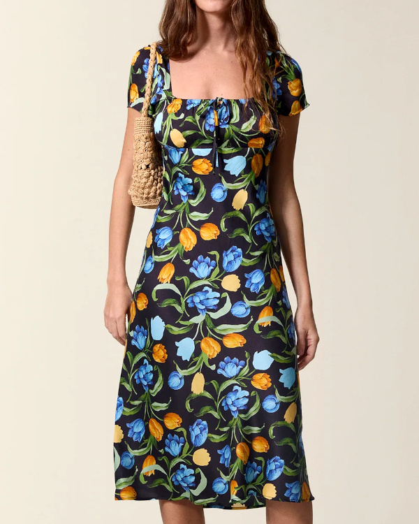ROBE MIDI  MANCHES COURTES IMPRIME