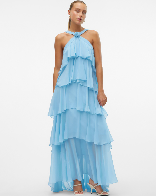 Robe longue bleu clair à volants