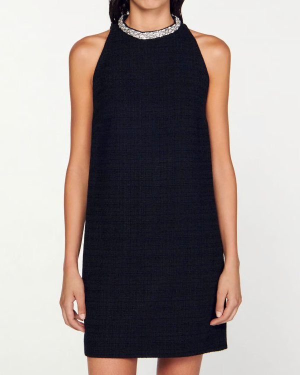 Robe courte col rond  bijoux - Noir