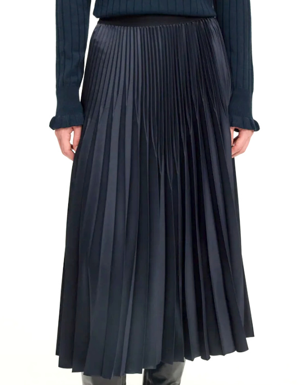Jupe midi satine plisse bleu marine