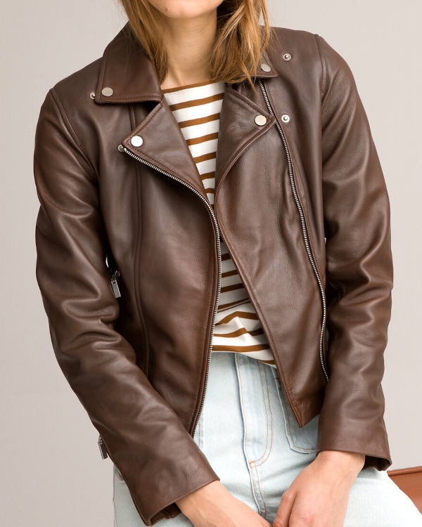 Blouson biker en cuir marron