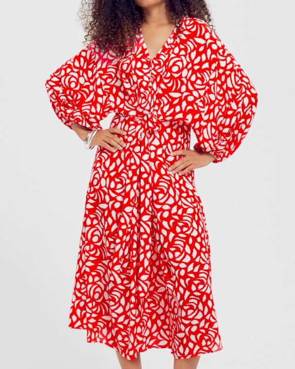 Robe  manches ballon Femme - Imprim rouge