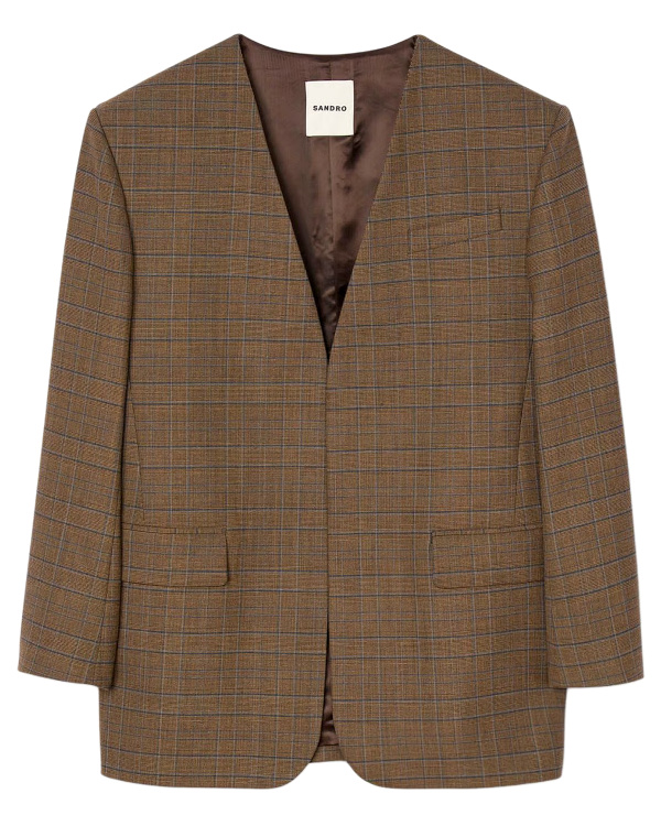 Veste col v à carreaux - Marron