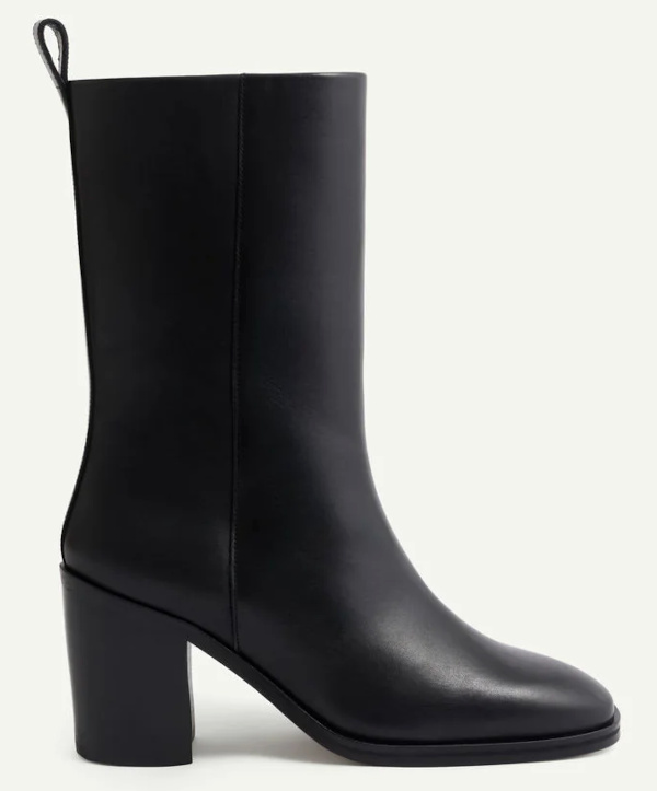 Black cowhide leather heeled ankle boots