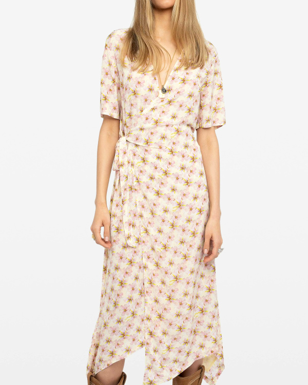 Robe mi longue asymétrique en viscose imprimée avec manches courtes