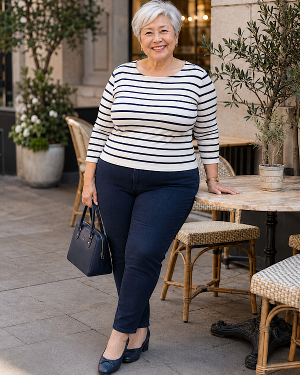 Femme ronde de 70 ans en robe bleue et trench beige