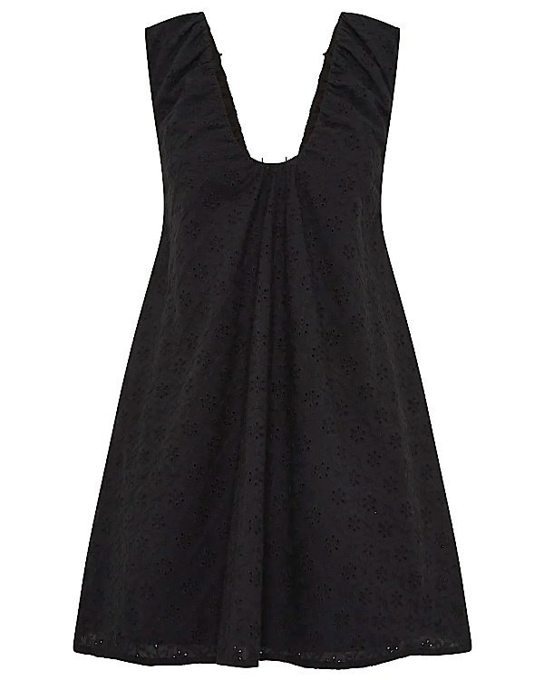 Robe courte noire en broderie anglaise, sans manches