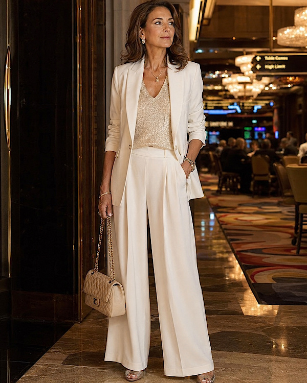 Femme en tailleur-pantalon blanc et haut scintillant dans un casino