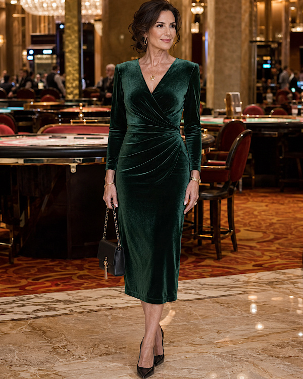 Femme portant une robe midi en velours vert dans un casino