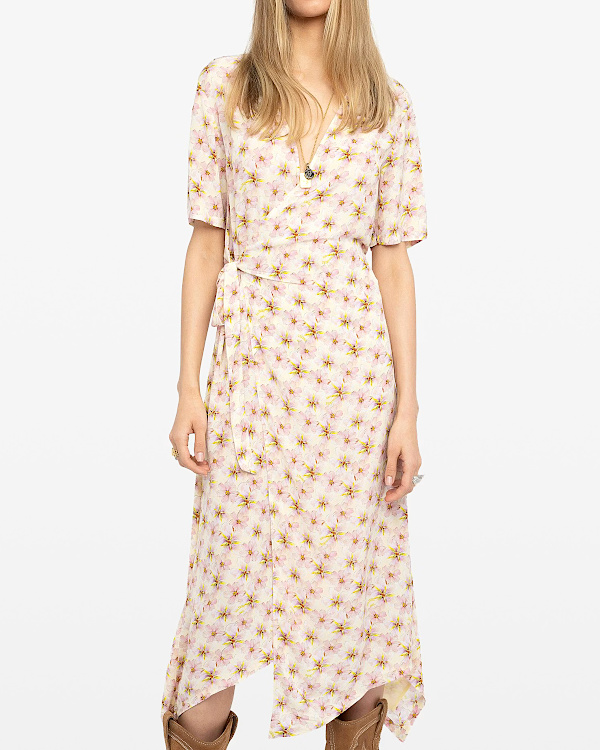 Robe mi longue asymétrique en viscose imprimée avec manches courtes