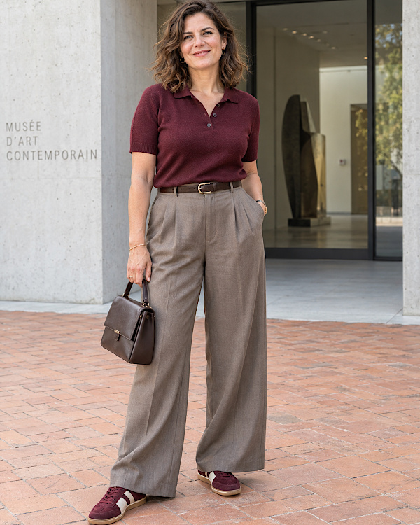 Femme en polo bordeaux, pantalon ample et baskets rétro bordeaux