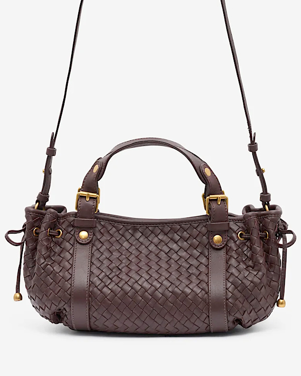 Sac à main marron en cuir tressé avec bandoulière et détails dorés