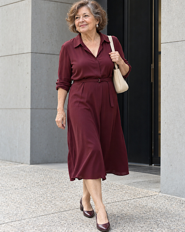 Femme senior portant une robe chemise midi bordeaux ceinturée et des escarpins assortis