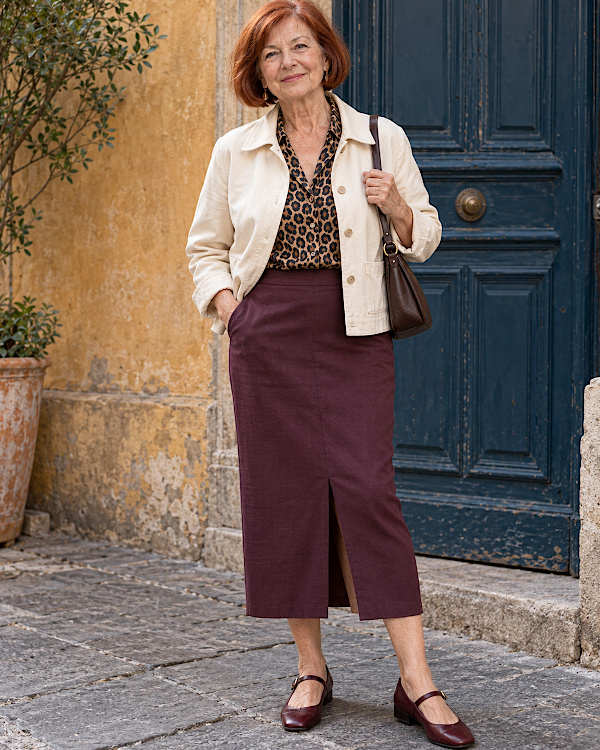 Femme senior rousse en veste écrue, chemisier léopard, jupe midi bordeaux et babies en cuir